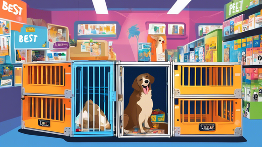 A detailed illustration of various XL travel dog crates displayed in a pet store aisle. Each crate features labels highlighting key features like durability, ventilation, comfort, and portability. In 