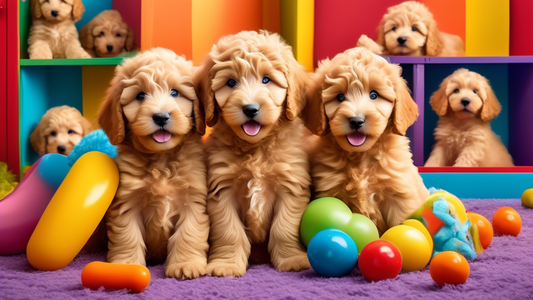 Create a heartwarming image of playful, fluffy toy Goldendoodle puppies in a cozy, colorful playroom filled with toys. The puppies should have soft, curly fur and expressive eyes, exuding a sense of j