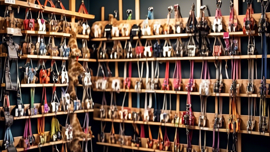 Create an image of a variety of high-quality dog harnesses displayed on a stylish wooden rack in a pet boutique. Each harness should have distinctive features, such as padding, reflective stripes, and