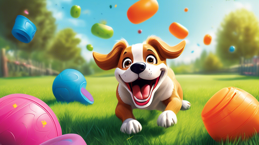 Create an image of a happy dog energetically playing with a colorful and sturdy Tuffy dog toy in a spacious backyard. The toy should appear durable and intact despite the dog's playful antics. Include