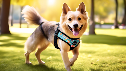 Create an image of a cheerful dog wearing a stylish and comfortable Curli dog harness while walking happily with its owner in a sunny park. The harness should feature an ergonomic design with adjustab