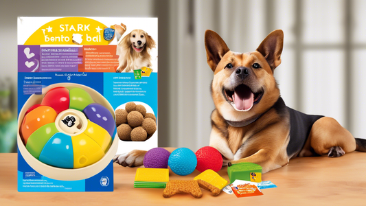 Create a high-quality image of a well-lit, colorful tabletop featuring a Starmark Bento Ball dog toy prominently in the center. Surround the Bento Ball with various sizes and flavors of dog treats and