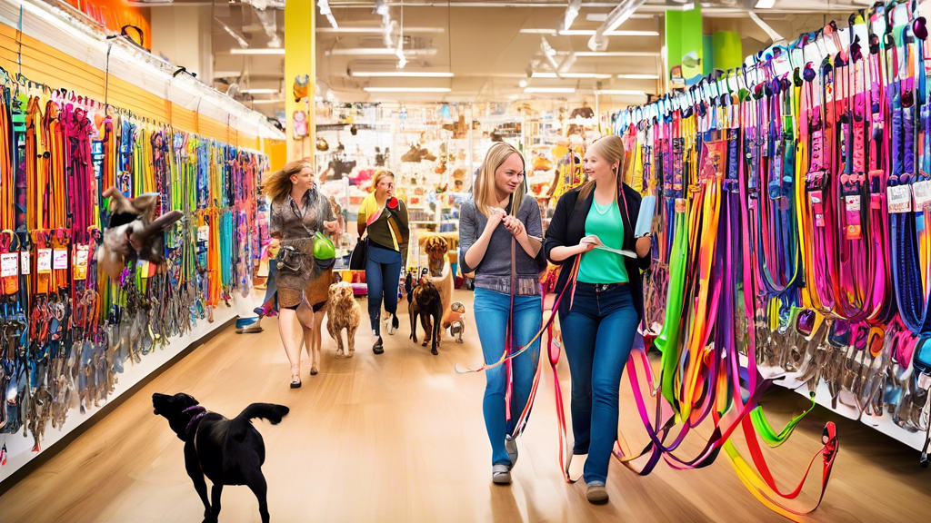 A brightly lit pet store aisle filled with various colorful dog leashes hanging neatly on display. A happy, diverse group of people, each walking excited dogs of different breeds, are eagerly examinin