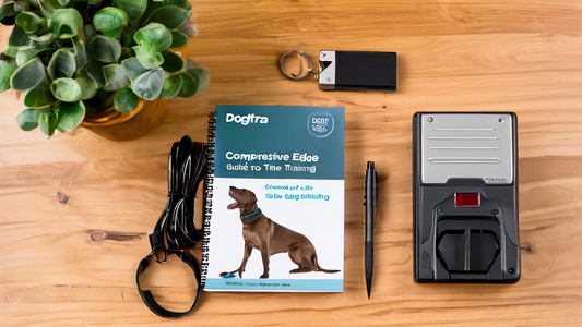 Create an image of a detailed guidebook titled Comprehensive Guide to the Dogtra Edge RT Training Collar resting on a wooden desk. Surround the book with the Dogtra Edge RT training collar, a notepad 