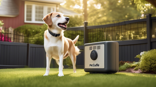 Create an image featuring a content dog playing in a spacious, well-maintained backyard surrounded by a neatly installed Petsafe wired fence. Include clear, visible details of the fence system such as