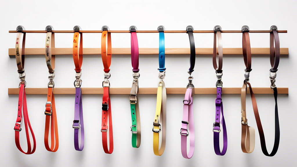 Create an image of a variety of short dog leashes hanging on display, designed for different types of small dog breeds. Each leash showcases different colors and materials, such as leather, nylon, and