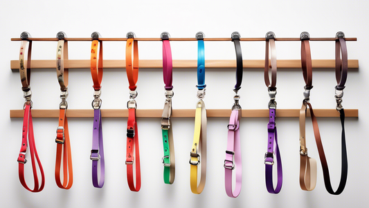 Create an image of a variety of short dog leashes hanging on display, designed for different types of small dog breeds. Each leash showcases different colors and materials, such as leather, nylon, and