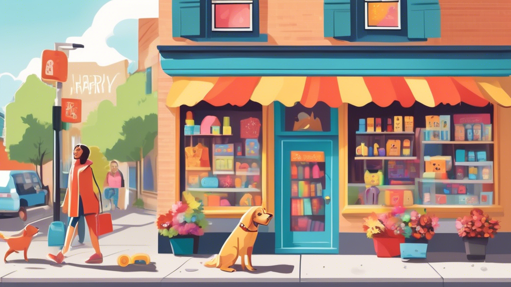 An inviting street scene featuring a charming dog store with a vibrant storefront, colorful signage, and a happy pet owner walking out with their new dog accessories. The store has an array of dog pro