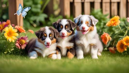 A heartwarming scene of three Toy Australian Shepherd puppies playing together on a lush green lawn. One is chasing after a colorful butterfly, another is snuggled up in a cozy blanket, and the third 