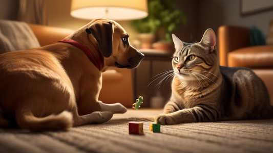Create an image that features a curious dog and a content cat interacting in a cozy living room. The dog sniffs a catnip toy with a puzzled yet intrigued expression, while the cat lounges nearby, clea