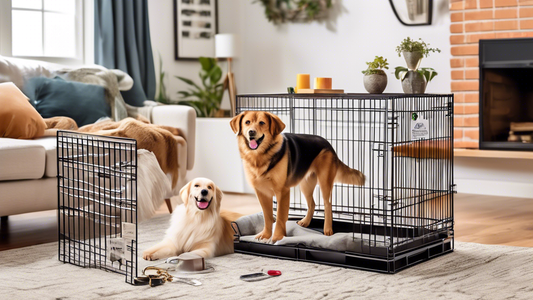 Create an image of a variety of 48-inch dog crates placed in a cozy living room setting. Show different styles and materials, such as wire, plastic, and fabric, with informative labels or tags highlig
