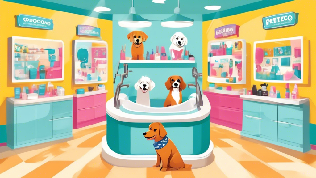 Create an image of a cheerful pet grooming salon inside a Petco store, showcasing professional groomers pampering a variety of dog breeds. Include dogs getting baths, haircuts, nail trims, and wearing