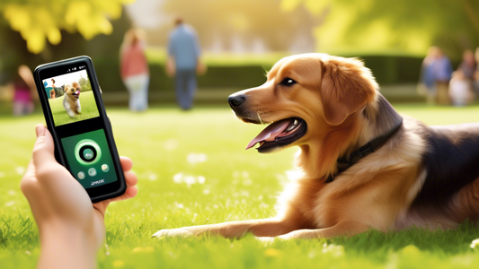 Create an image of a joyful pet owner using the Free Spirit Remote Trainer to gently guide their happy, well-behaved dog in a sunny park. Include a glimpse of a small, sleek remote device in the owner
