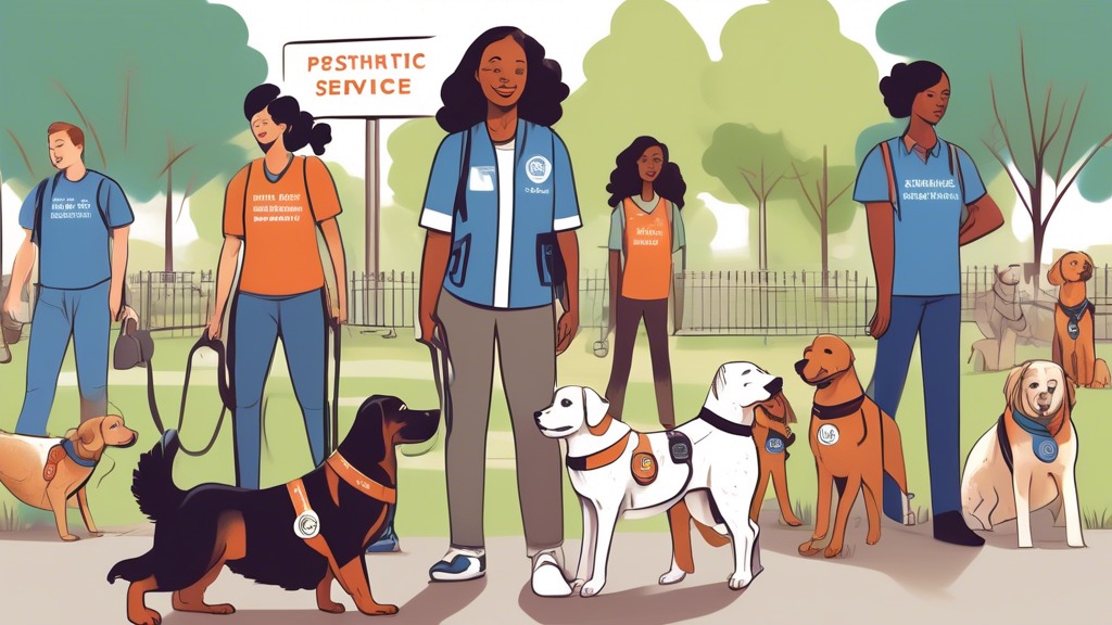 A detailed illustration of a diverse group of people with psychiatric service dogs in training, set in a peaceful park. The dogs, wearing service vests, are of various breeds and are being guided by p