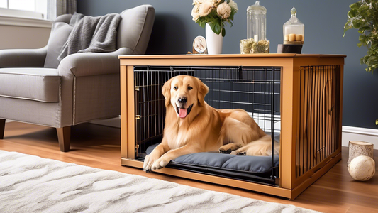 Create an image of a cozy and spacious dog crate suitable for large breeds. The crate should be placed in a well-decorated living room with a large, happy dog (such as a Golden Retriever or German She