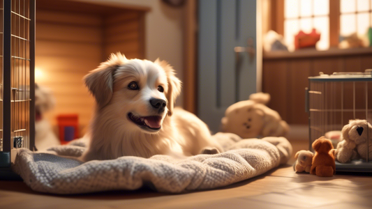 A peaceful indoor scene with a cozy, well-lit room showcasing an inviting dog kennel. A happy dog is inside the kennel, resting comfortably on a soft blanket. Nearby, there are a few toys and treats, 