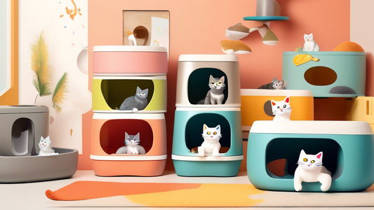 Create an image of a happy cat inspecting a variety of Petsafe litter boxes, each with unique features like self-cleaning, covered, and open designs. The background should be a cozy home setting with 