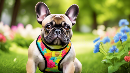 A cheerful French Bulldog wearing a comfortable and stylish harness in a lush park setting. The harness is adjustable and features breathable material with a secure, padded fit, available in a variety