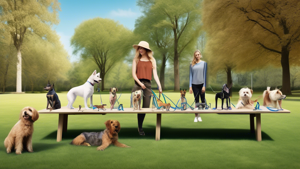 Create an image of a person standing in a peaceful park setting, examining a selection of retractable dog leashes displayed on a portable table. Surrounding the table are playful dogs showcasing varyi