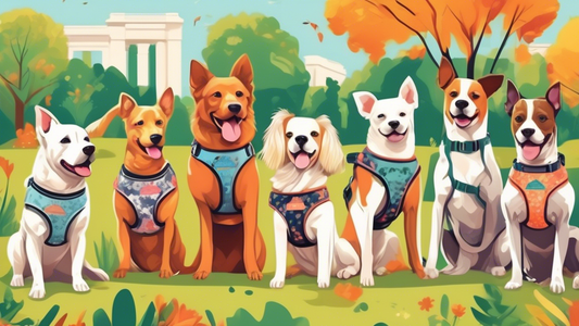 Create a detailed illustration of various dogs wearing uniquely designed, personalized dog harnesses in a vibrant park setting. Each harness features different colors, patterns, and engraved name tags