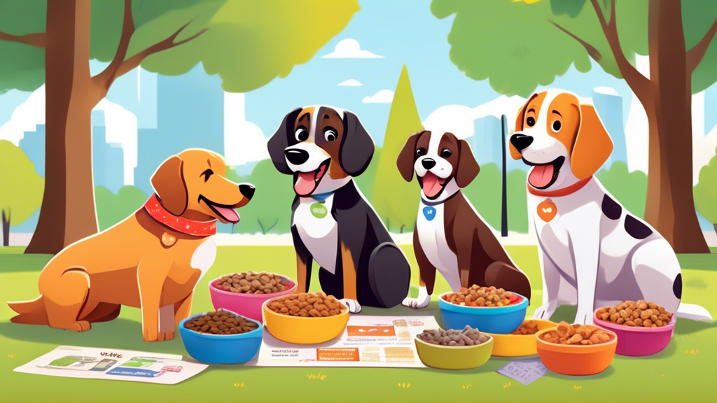 An adorable cartoon scene of various dogs of different breeds happily eating from colorful bowls filled with different types of chewy dog food, set in a sunny park with trees and a picnic blanket. Eac