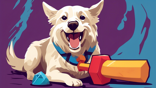 Create an image of a playful dog happily chewing on a dog toy shaped like Thor's hammer, Mjolnir. The toy should look durable and fun, with bright colors and a slight resemblance to the iconic Norse w