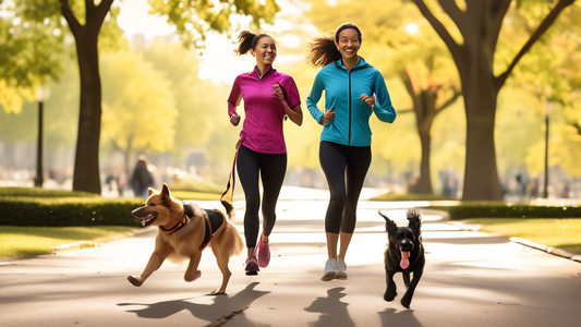 Create an image of a person jogging through a scenic park or downtown area with a happy dog trotting alongside them. The person wears a hands-free dog leash belt that securely attaches around their wa