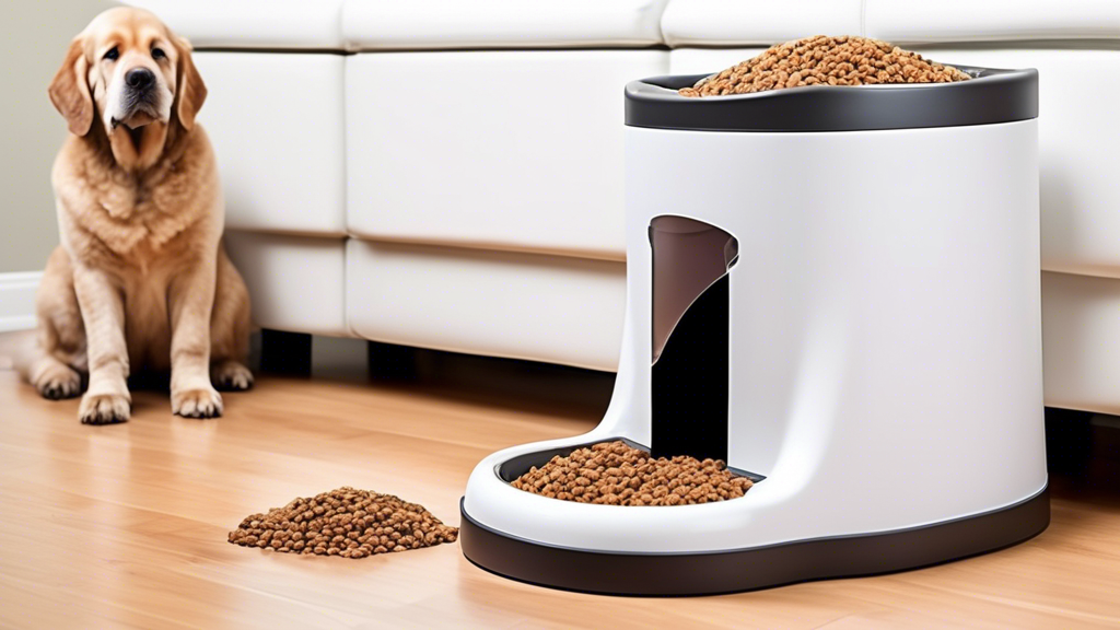 Create an image showcasing a variety of top-rated automatic dog feeders designed for large breed dogs. Include modern, sleek designs with features such as large capacity containers, LCD screens, and p