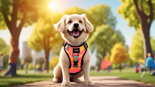 Create an image of a happy dog wearing a stylish and comfortable harness while standing in a sunny park. The harness should have padding and adjustable straps for a perfect fit, and be in vibrant colo