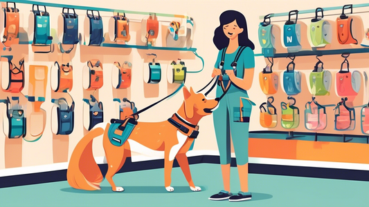 Create an image featuring a variety of colorful dog harnesses displayed neatly on a rack in a pet store. In the foreground, an adorable puppy is being gently fitted with a harness by a caring shop ass