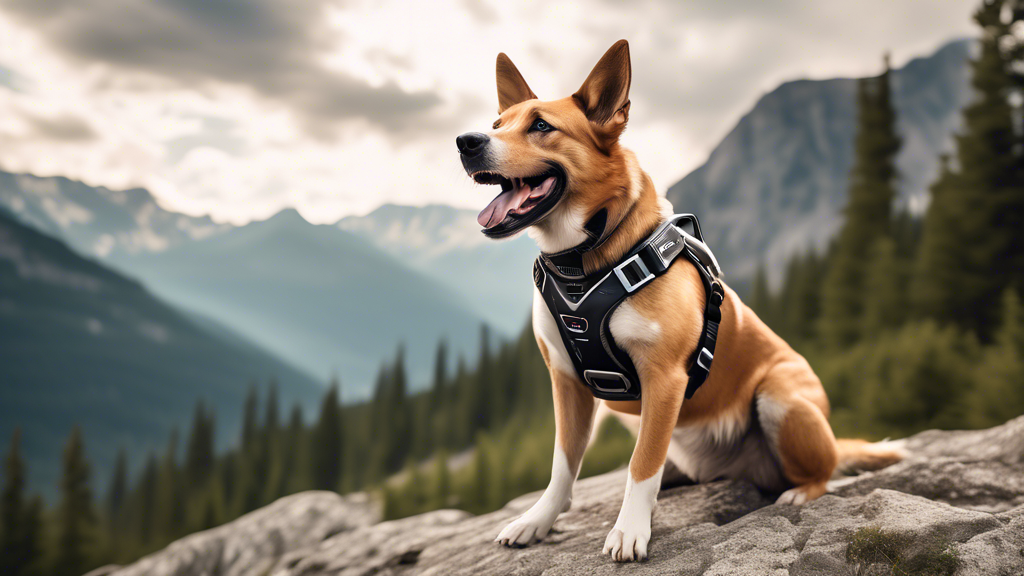Create an image of a happy dog wearing a super sturdy, futuristic-looking harness made from advanced, indestructible materials. The harness has sleek design elements, reinforced stitching, and a metal