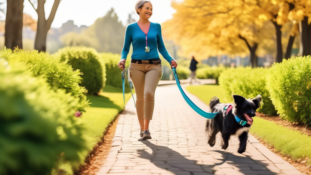A cheerful person walking a happy dog in a scenic park, using a colorful waist leash attached securely around their waist. The dog is effortlessly trotting beside the walker, showing how the hands-fre