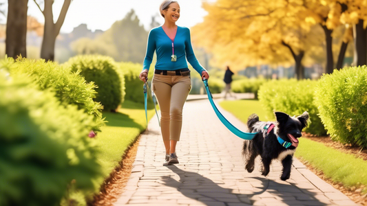 A cheerful person walking a happy dog in a scenic park, using a colorful waist leash attached securely around their waist. The dog is effortlessly trotting beside the walker, showing how the hands-fre