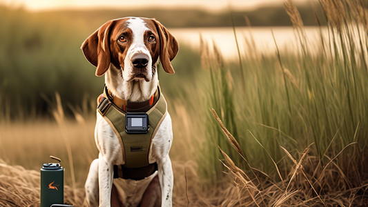 Create an image of a well-equipped bird dog in an outdoor setting. The dog is wearing a stylish, durable hunting vest, an identification collar, and a GPS tracker. Nearby, display essential supplies i