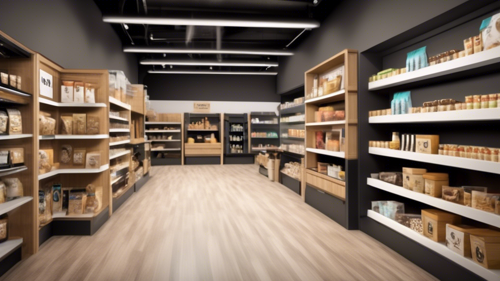 Create an image of a modern pet store aisle featuring a variety of private label dog products. The scene should include neatly arranged shelves with packaging that displays stylish, branded labels for