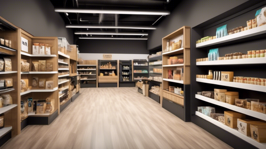 Create an image of a modern pet store aisle featuring a variety of private label dog products. The scene should include neatly arranged shelves with packaging that displays stylish, branded labels for