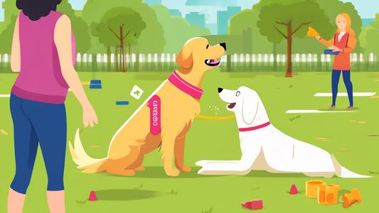 Create an image of a woman training a Golden Retriever in a park. The dog is wearing a 'Service Dog in Training' vest, and the trainer is holding a treat while giving a command with a clicker in her o