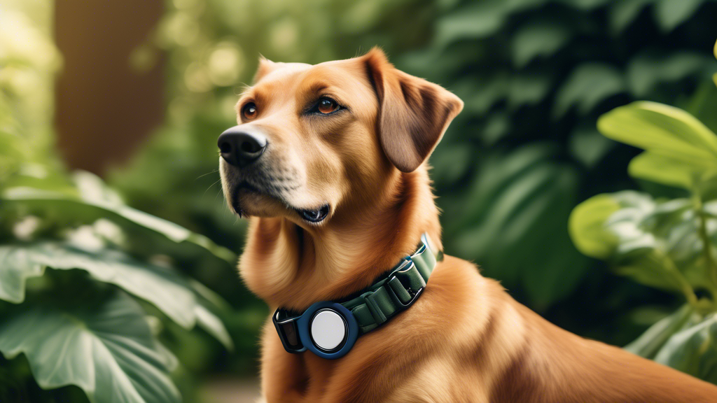 A high-quality, close-up image of a dog wearing a collar with various stylish and durable AirTag cases attached. The cases are designed in different shapes, colors, and materials such as silicone, lea
