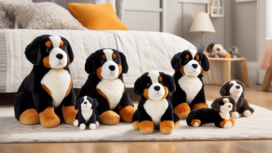 Create an image of a cozy, well-lit children's bedroom filled with adorable Bernese Mountain Dog stuffed animals. The plush toys should vary in size, from small handheld ones to large, almost life-siz