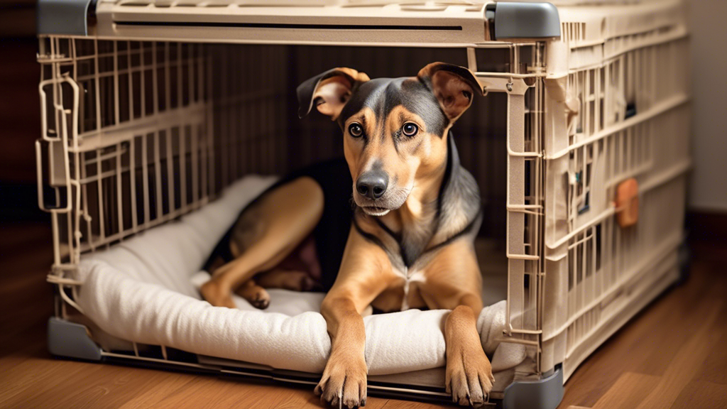 Generate an image of a calm, content adult dog sitting peacefully in a spacious and well-organized crate. The crate should have soft bedding, a few chew toys, and a water bowl. The environment around 