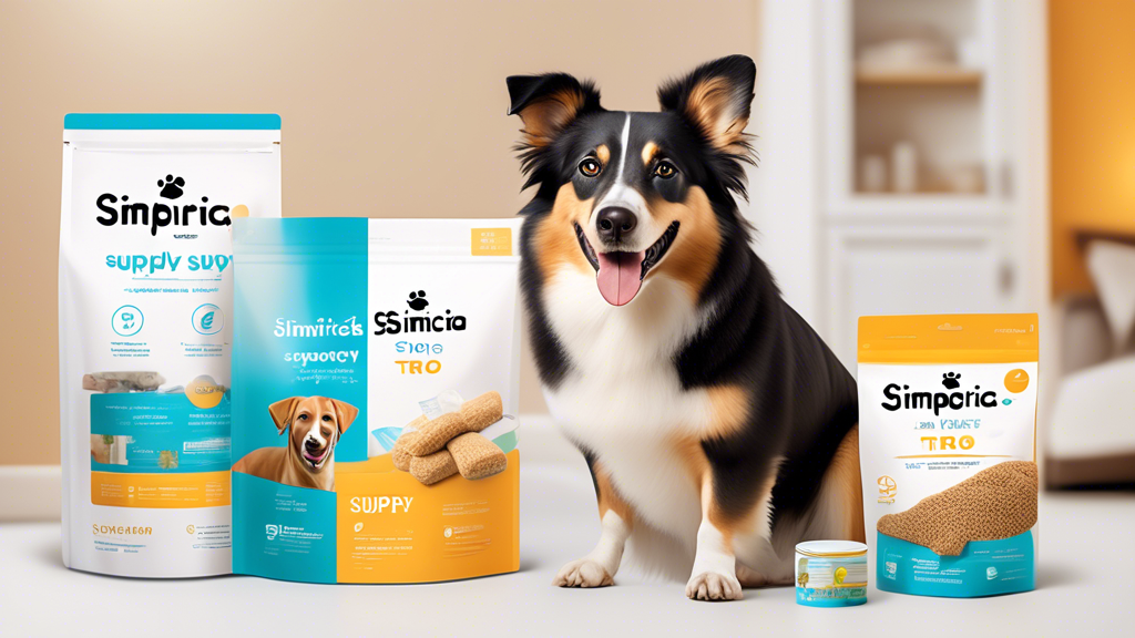 Create an image of a happy and healthy dog standing next to a Simparica Trio package labeled '3-Month Supply.' The dog should look energetic and playful, with a shiny coat, in a bright and cheerful ho