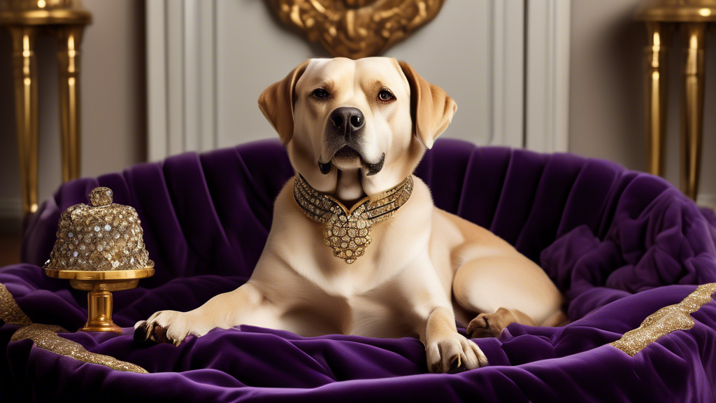 Create a high-resolution image of a stylish, luxurious setting featuring a pampered dog surrounded by upscale dog accessories. The dog is wearing a designer collar encrusted with sparkling gemstones, 