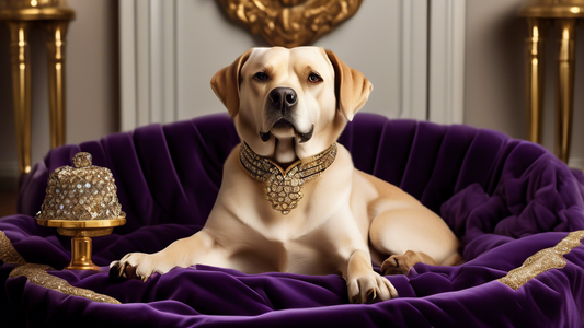 Create a high-resolution image of a stylish, luxurious setting featuring a pampered dog surrounded by upscale dog accessories. The dog is wearing a designer collar encrusted with sparkling gemstones, 