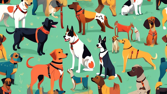 Prompt: A variety of dog breeds wearing different types of K9 harnesses in a park setting. The harnesses vary in style, color, and size, showing features like padded straps, reflective elements, and s