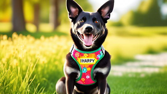 Create an image of a happy dog wearing a stylish, personalized harness with the dog's name on a metal plate. The background should be a sunny park with vibrant green grass and colorful flowers. The do