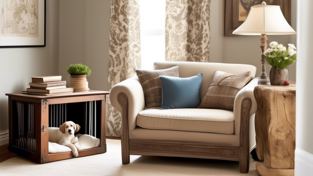 Create a detailed and charming image of a cozy living room, showcasing innovative and stylish methods to conceal a dog's crate: a crate transformed into a rustic end table with a lamp and books on top