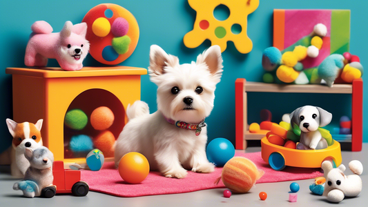 Create a vibrant and playful scene featuring a variety of perfect tiny toys designed for small dogs. Illustrate different types of toys such as mini plush animals, tiny rubber balls, petite chew toys 