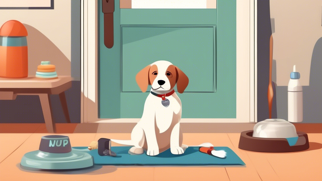 A cozy living room with a new puppy sitting on a soft dog bed, surrounded by essential items like chew toys, a water bowl, a collar with a name tag, grooming brushes, and a training pad. A feeding sta