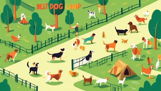 Create an illustration of happy and well-behaved dogs at a picturesque dog boot camp. The camp is set in a lush, green park with professional trainers guiding dogs through various activities: agility 
