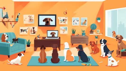 Create an image depicting a variety of dog breeds eagerly participating in an online training class. The dogs are attentively watching a large monitor displaying a professional dog trainer. The backdr